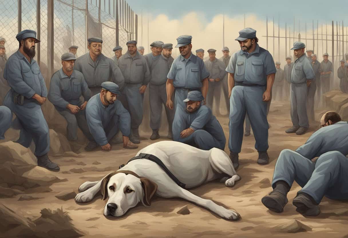 A dead dog lies on the ground in a rural setting, surrounded by a group of men in prison uniforms