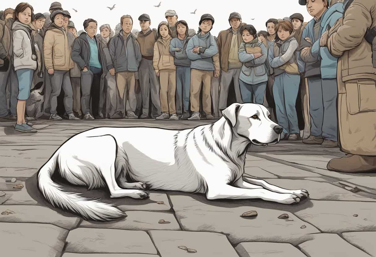 A dead dog lies on the ground, surrounded by curious onlookers. The scene is somber and still, with the dog's body serving as the focal point