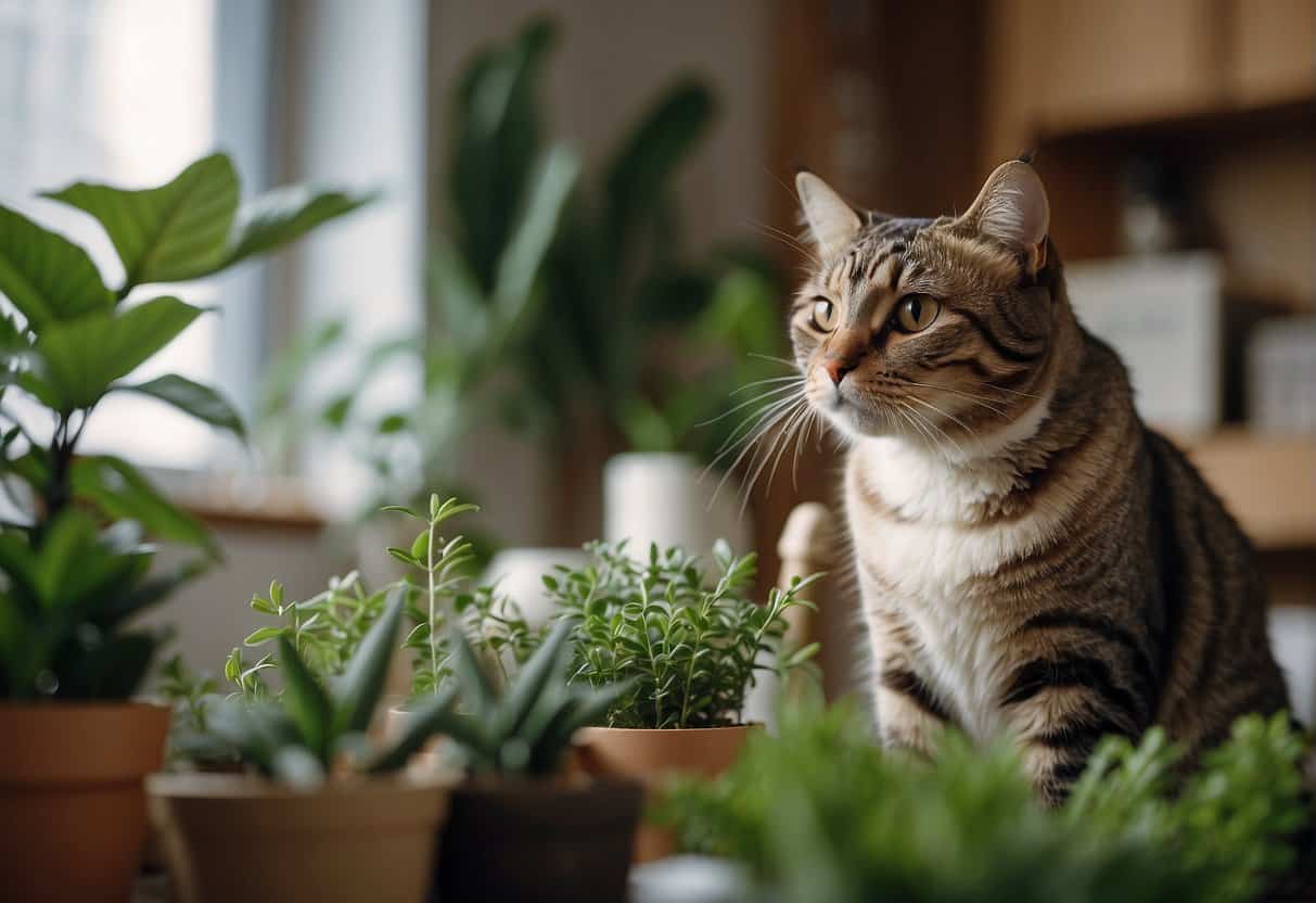 A cat is shown licking excessively, surrounded by household plants and air fresheners. A vet's office in the background suggests a medical issue