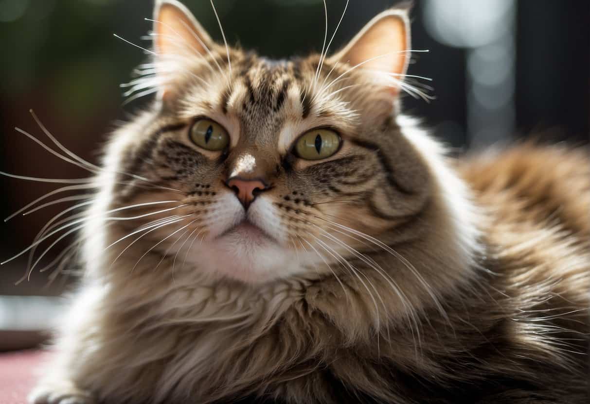 A cat grooming herself vigorously, tongue lapping fur, eyes focused