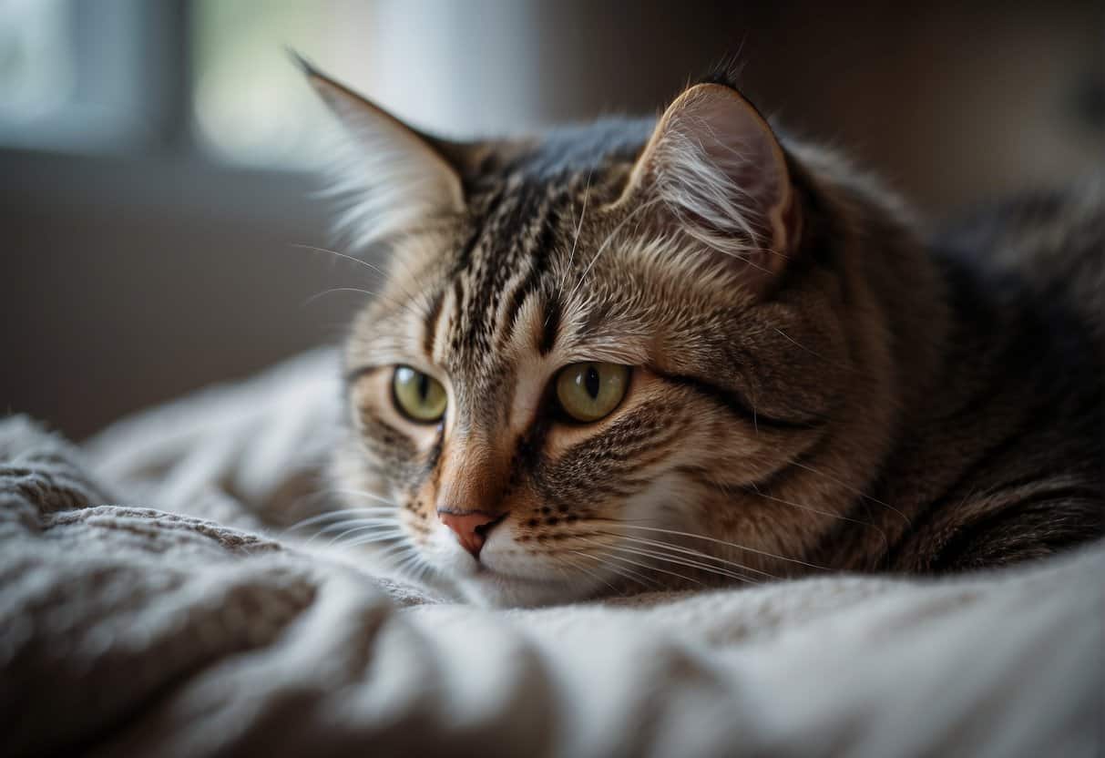 A sneezing cat with watery eyes and a runny nose, curled up in a cozy bed with a thermometer nearby