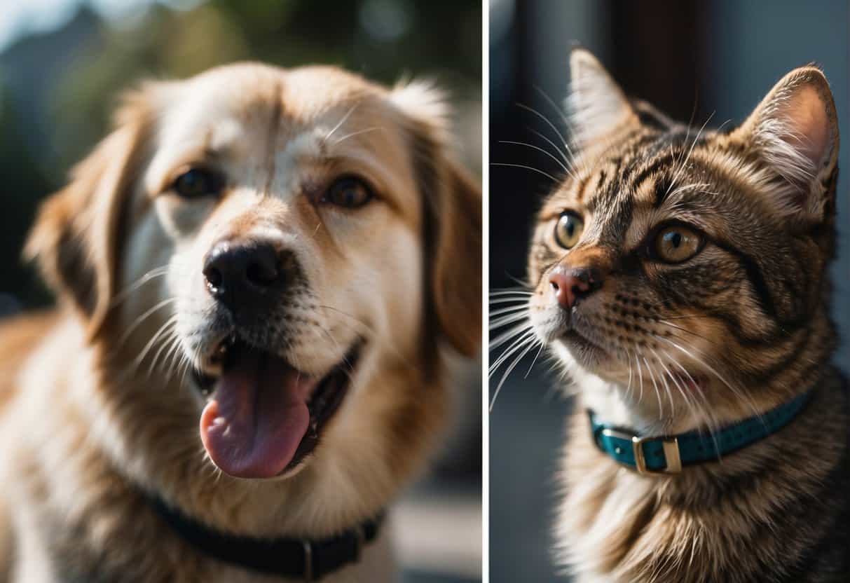 A dog with watery eyes and sneezing near a cat
