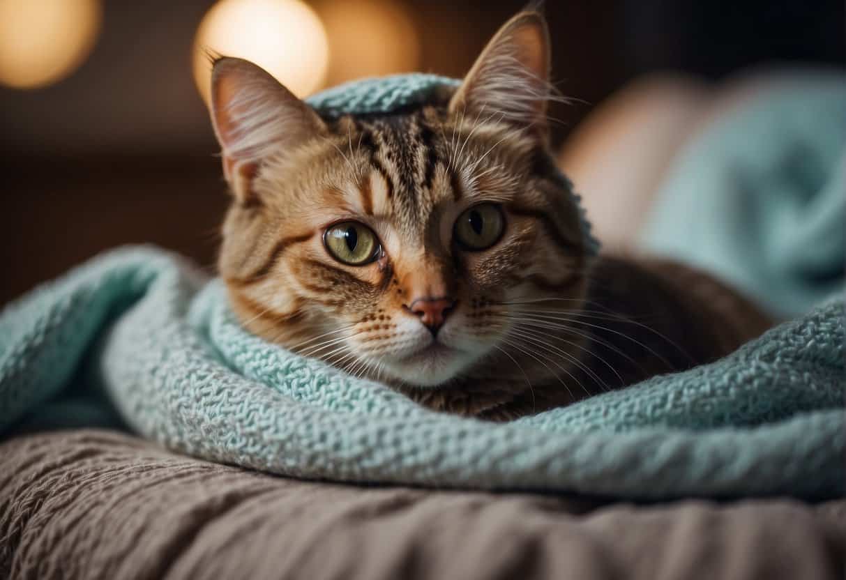 A cat with a runny nose and watery eyes sits on a cozy blanket, surrounded by tissue boxes and a bowl of water