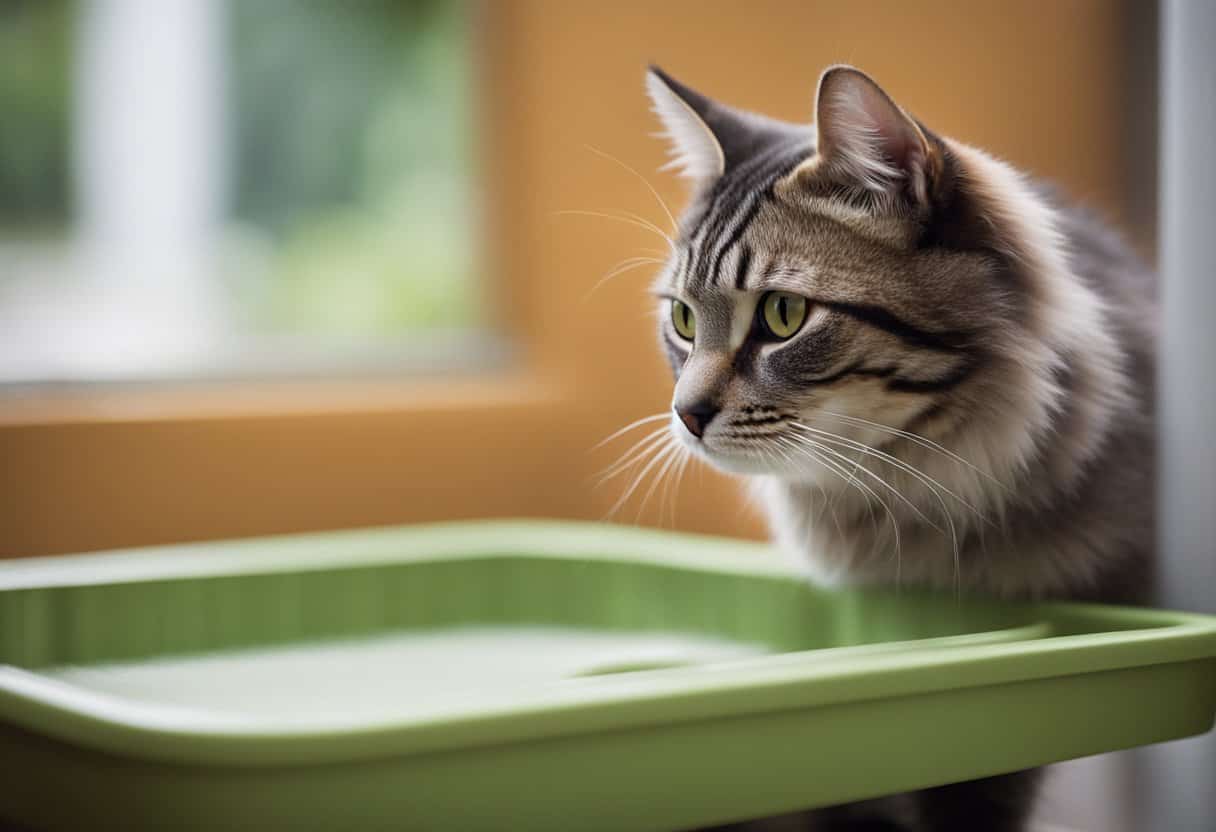 A cat perched awkwardly over the edge of a litter box, with a concerned expression, as it urinates outside the box