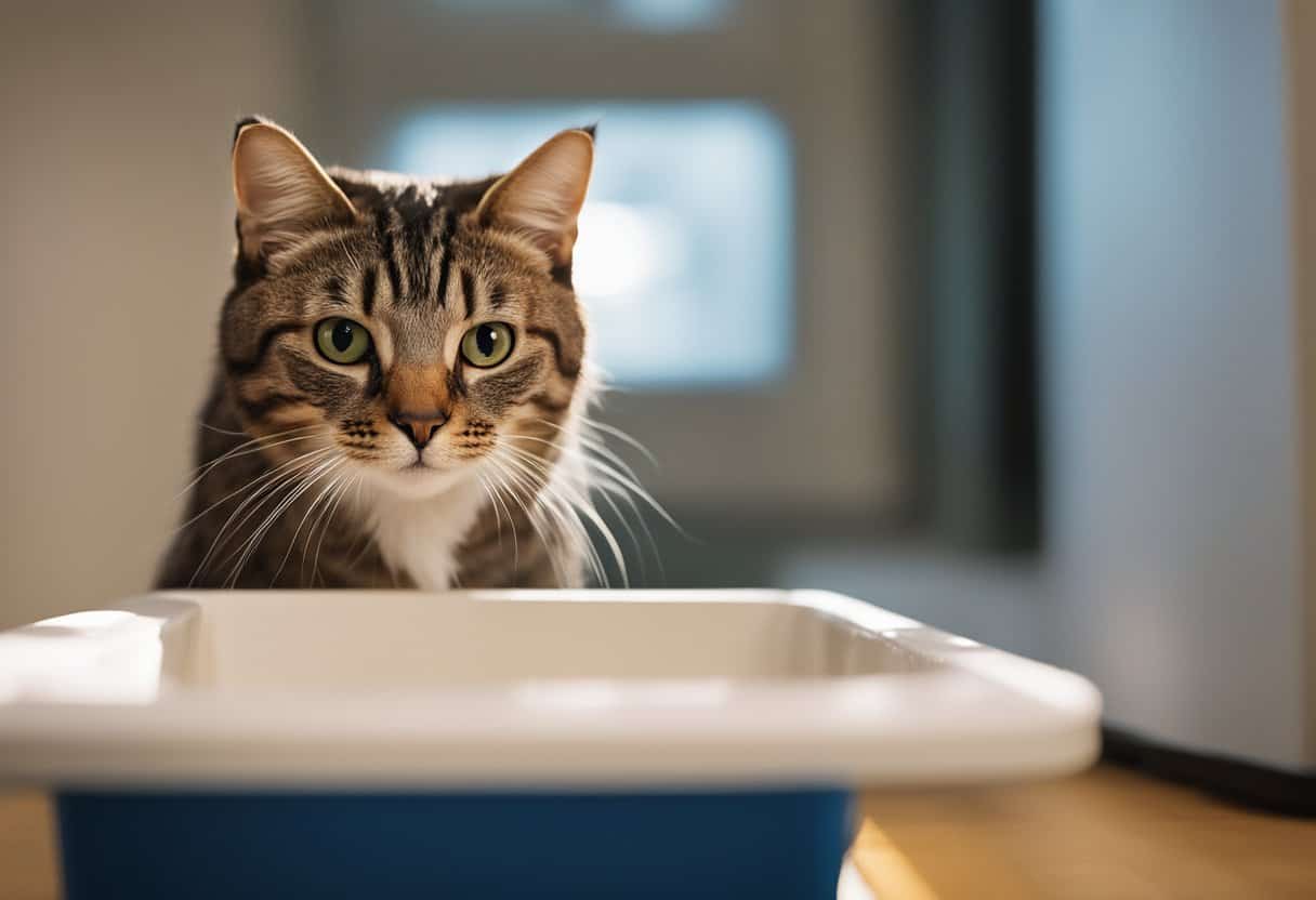 A cat perched on the edge of a litter box, aiming to pee outside the box. The box is filled with litter and placed in a corner of a room