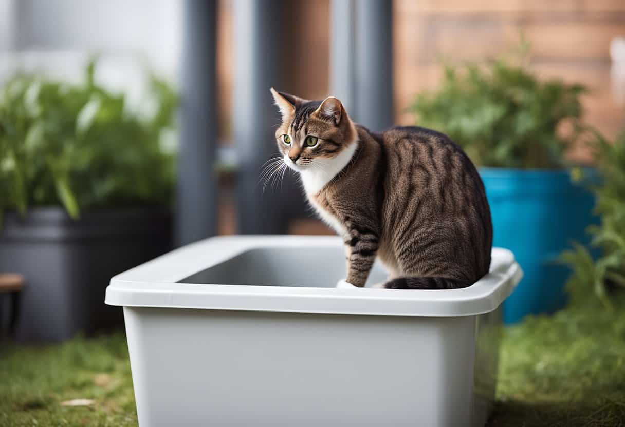 A cat perched on the edge of a litter box, urinating outside of the box onto the floor