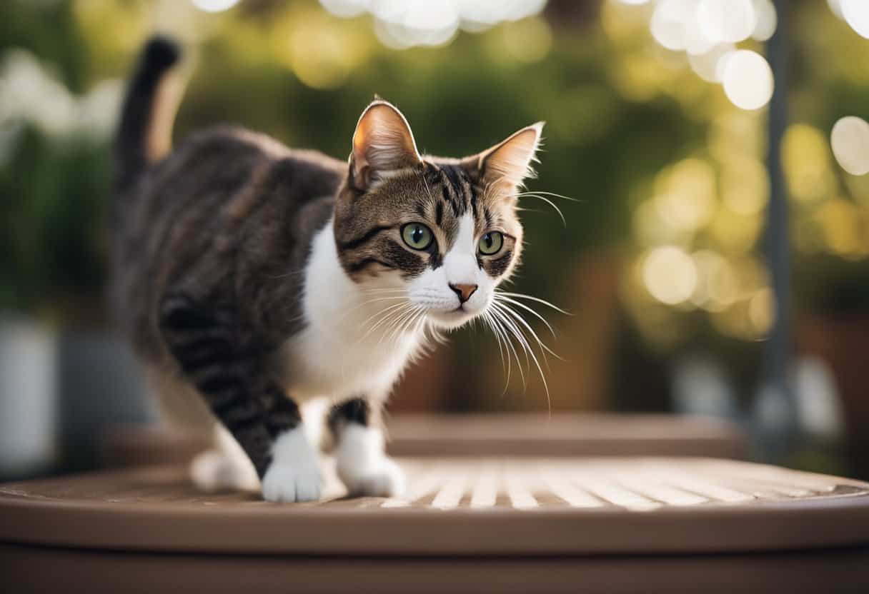 A cat stands on the edge of a litter box, peeing outside of it