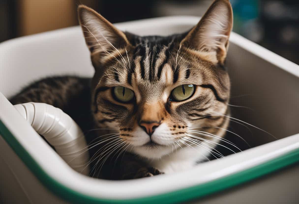 A cat sleeps peacefully in a clean litter box, surrounded by medical supplies and a concerned owner looking on