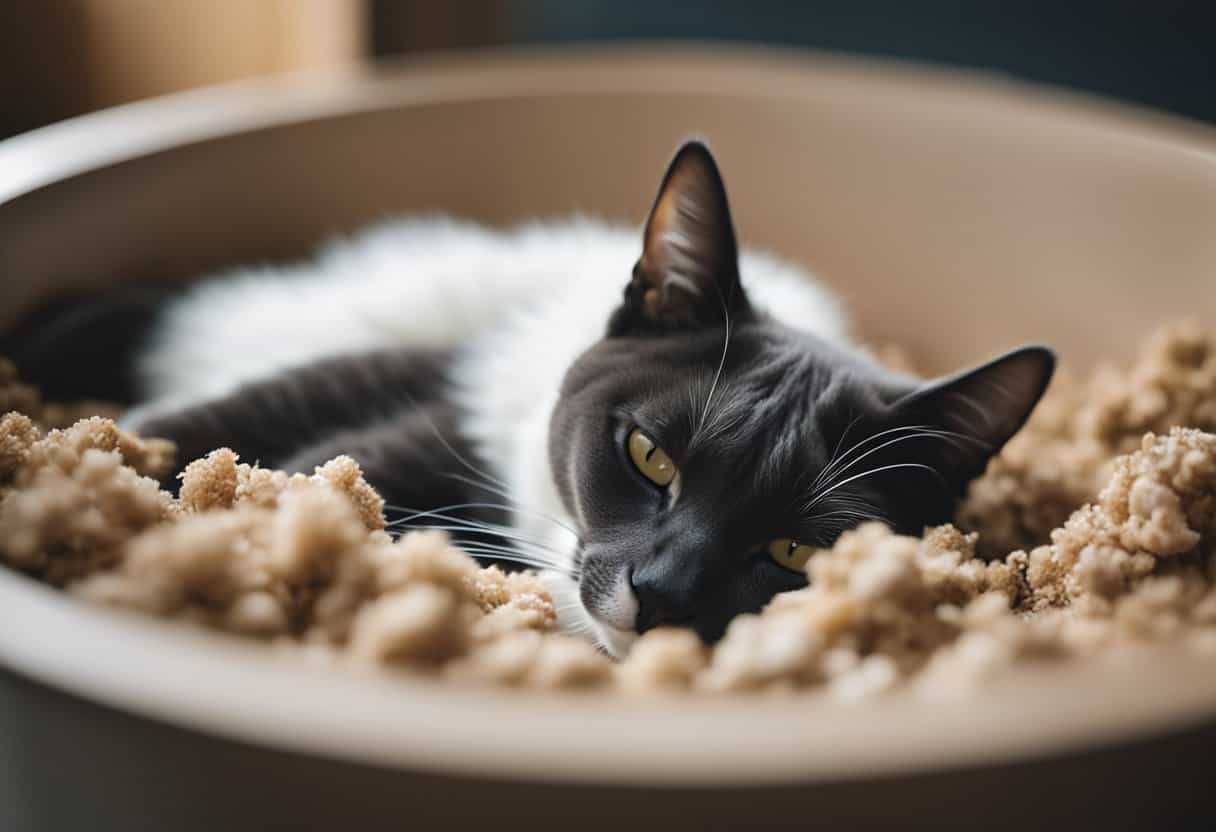 A cat snoozes peacefully in a clean litter box, nestled among the fresh litter, with a curious and puzzled expression on its face