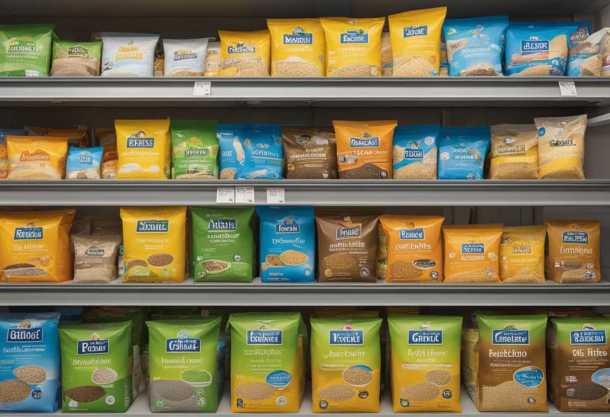 Various cat litter types displayed on shelves, some in colorful packaging. Signs indicate shelf life and expiration dates