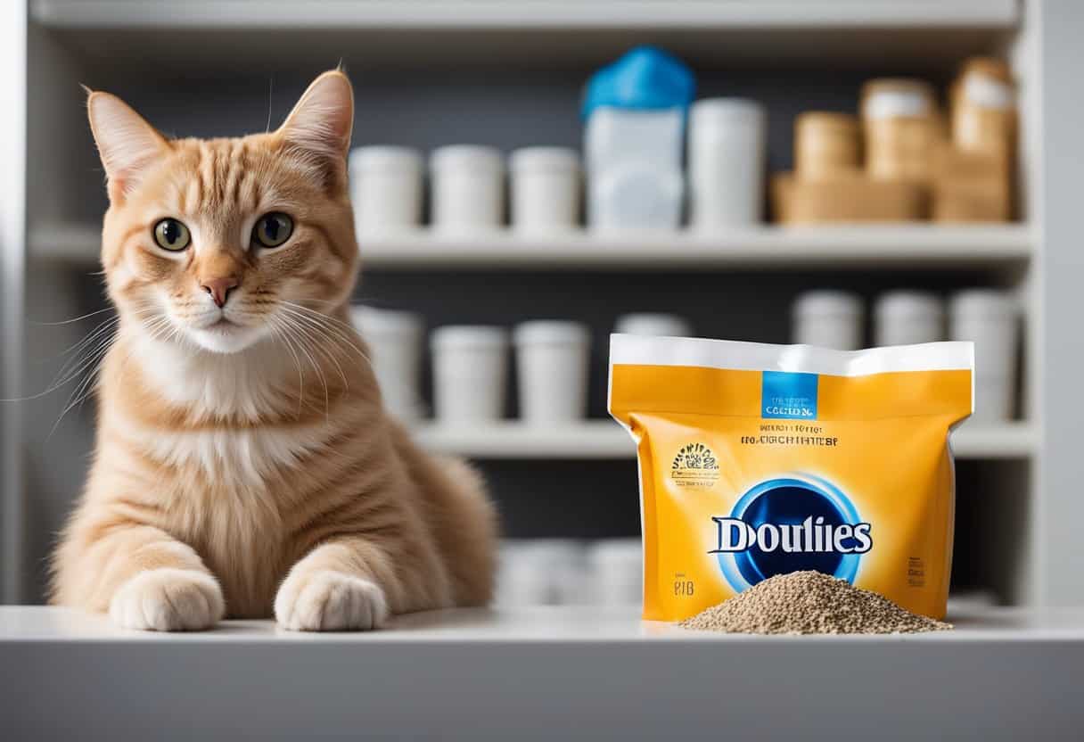A sealed bag of cat litter sits on a shelf. A cat uses a clean litter box nearby