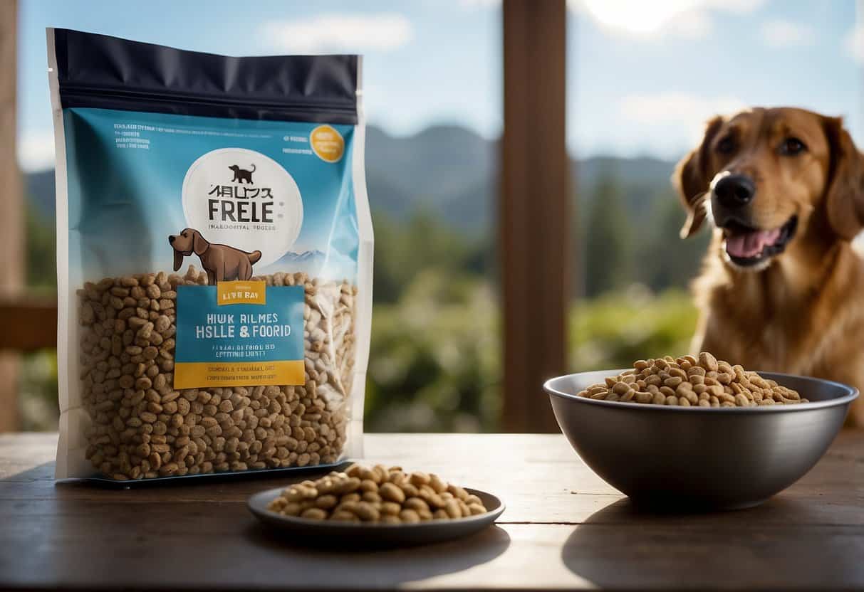 A dog eagerly eats freeze-dried food, while a bowl of traditional kibble sits untouched nearby. The label on the freeze-dried food highlights its nutritional benefits