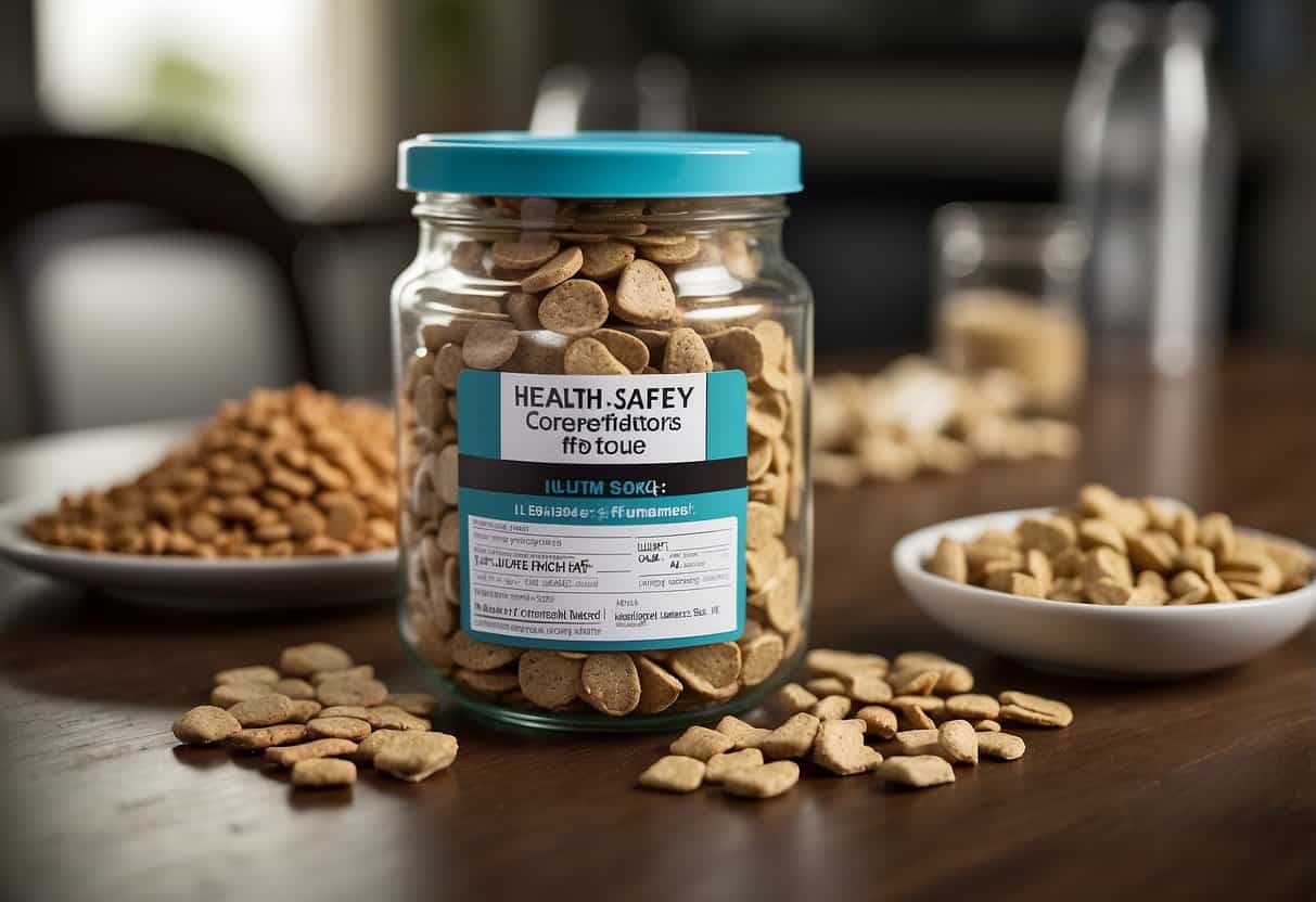 A dog eating freeze-dried food with a label showing "Health and Safety Considerations" in the background