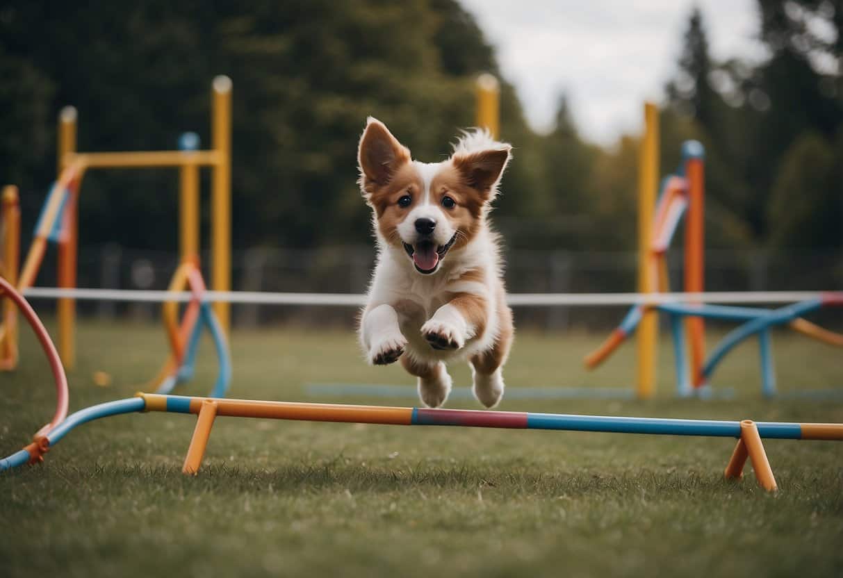 Puppies learning agility with tunnels, hoops, and balance beams at a training camp