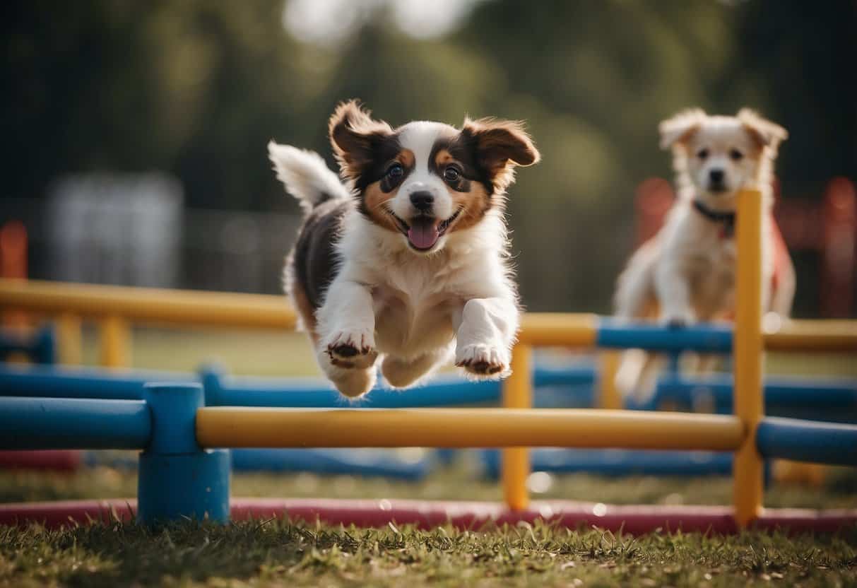 Puppies learning agility in a training camp obstacle course