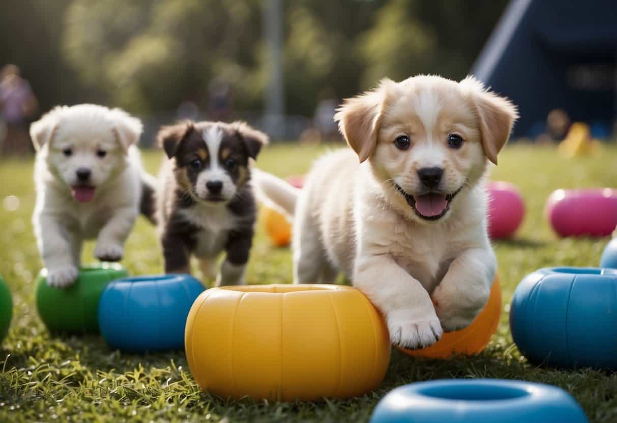 Puppies playing in an outdoor training camp, surrounded by colorful toys and obstacles. Trainers are seen guiding and teaching the puppies