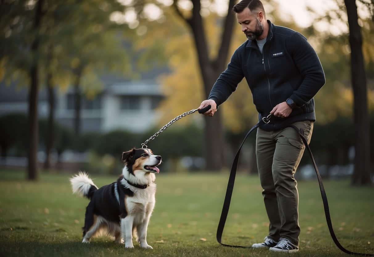 A dog trainer uses a firm grip on the leash, standing tall with a confident stance, while redirecting the aggressive dog's attention away from external triggers and environmental factors