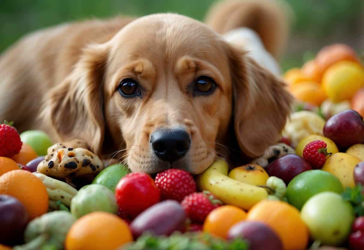 Chicken hearts scattered among colorful fruits and vegetables, a dog eagerly devouring them with a wagging tail