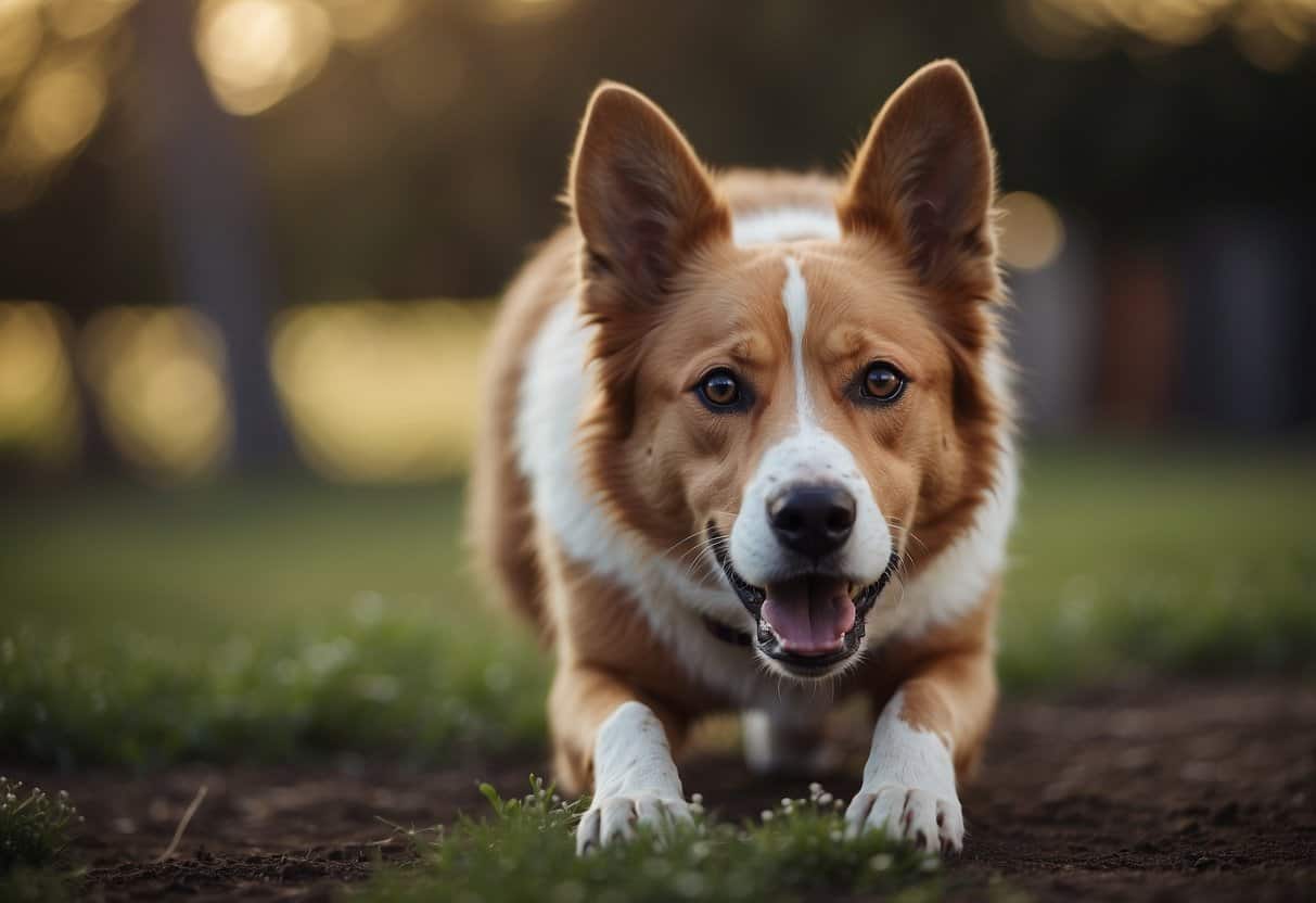 A dog cowers with tail tucked, ears back, and body low to the ground, avoiding eye contact and trembling