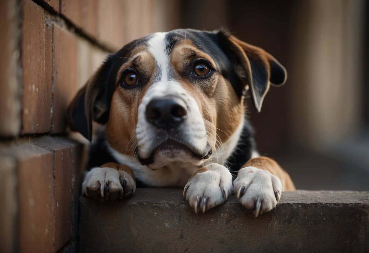 A trembling dog cowers in a corner, ears pinned back, eyes wide with fear