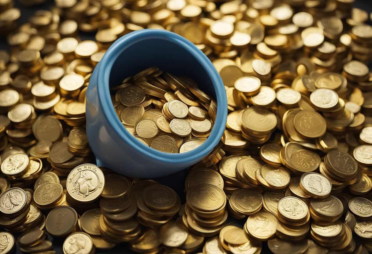 A bag of cat litter surrounded by expensive items like gold coins and diamonds, emphasizing the high cost