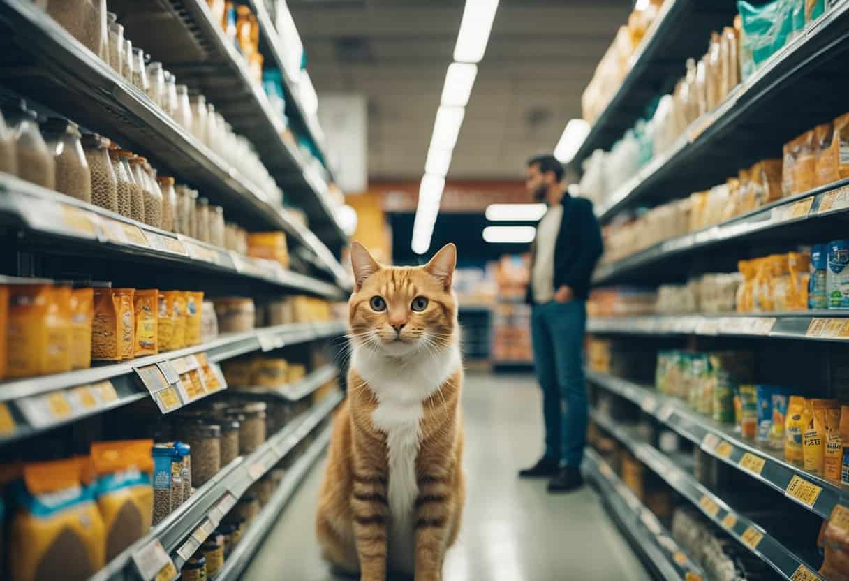 A cat owner stands in a pet store aisle, eyeing the various cat litter options with a perplexed expression. Prices are prominently displayed, and the owner seems to be comparing the cost of different brands