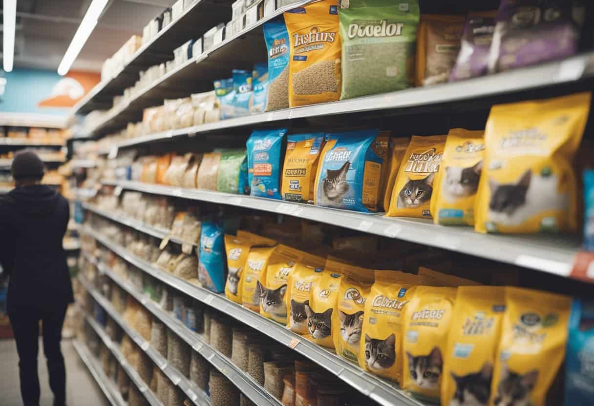A crowded pet store with shelves full of various cat litter brands, prices displayed prominently. Customers looking at options