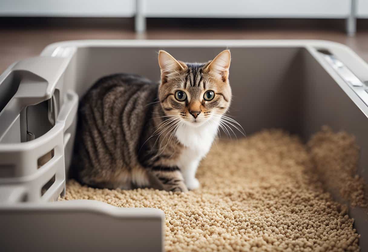 A cat litter box with clean, unscented litter filled to a depth of 2-3 inches. No visible waste or odor