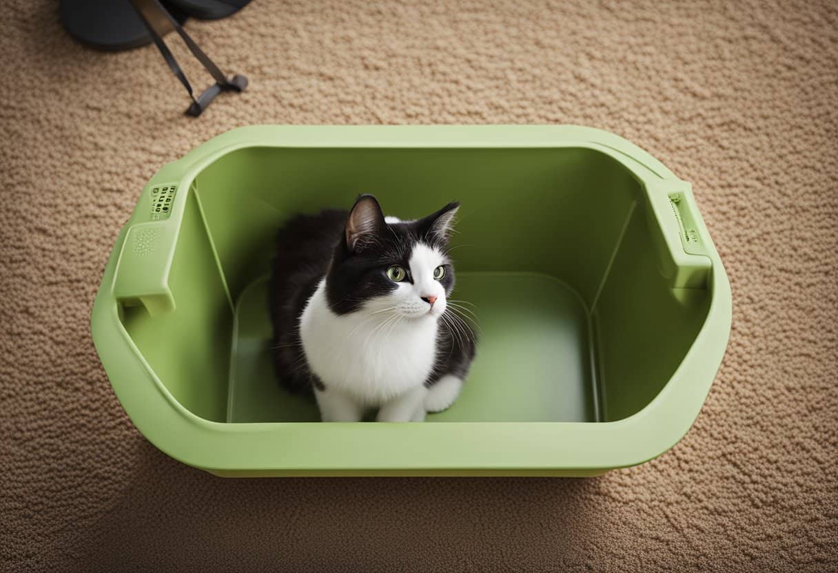 A cat litter box with a recommended depth of litter, a measuring tool, and a curious cat nearby