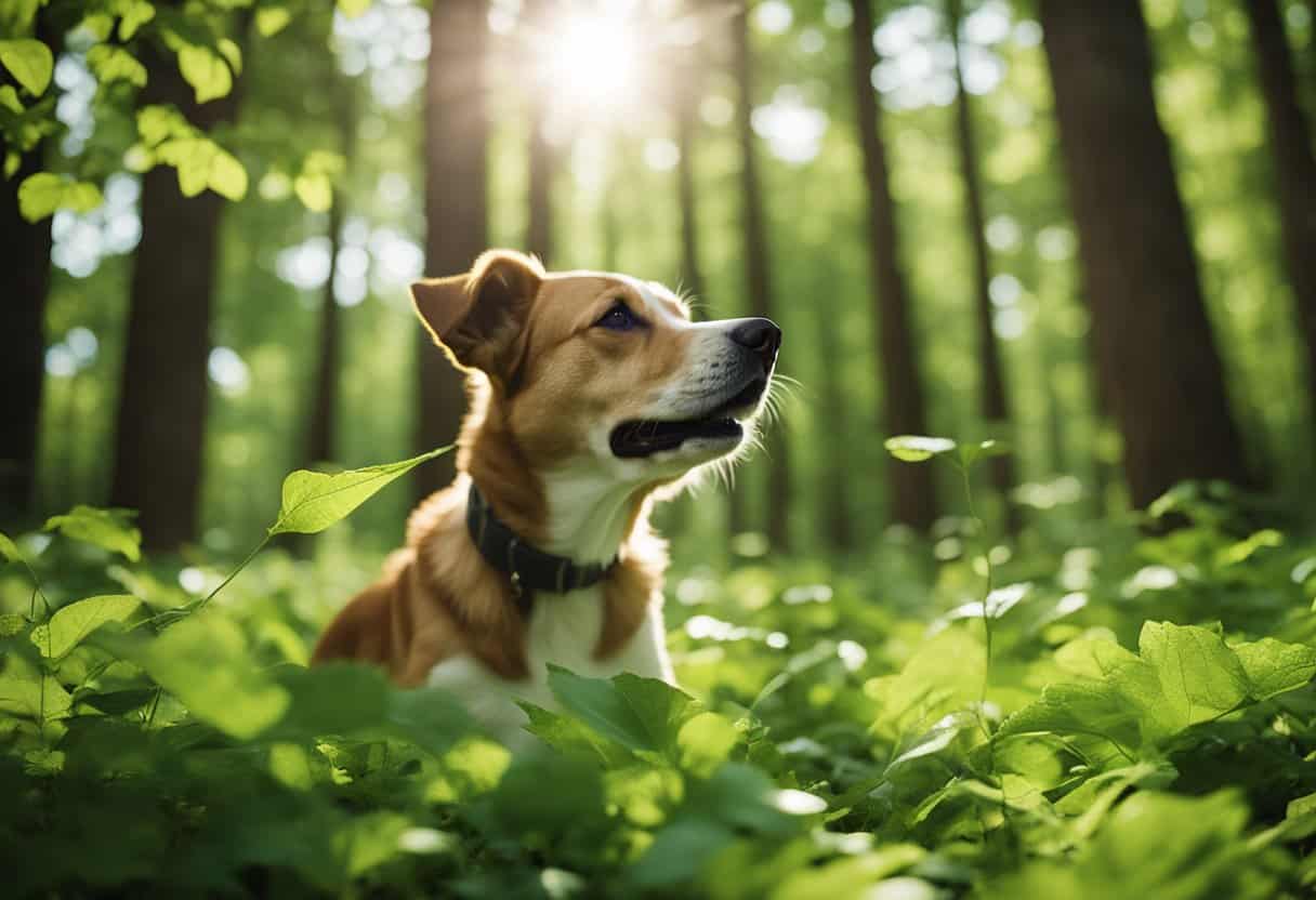 A dog happily playing in a lush green forest, sniffing around a patch of three shiny green leaves