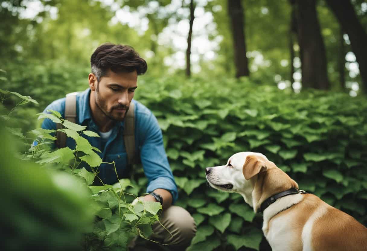 A dog sniffing poison ivy with a concerned owner in the background